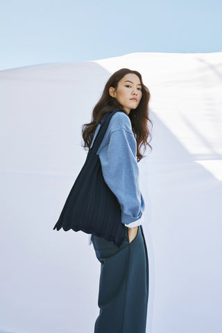 Knit Pleated Shoulder Bag made from Recycled Ocean Plastic - Navy